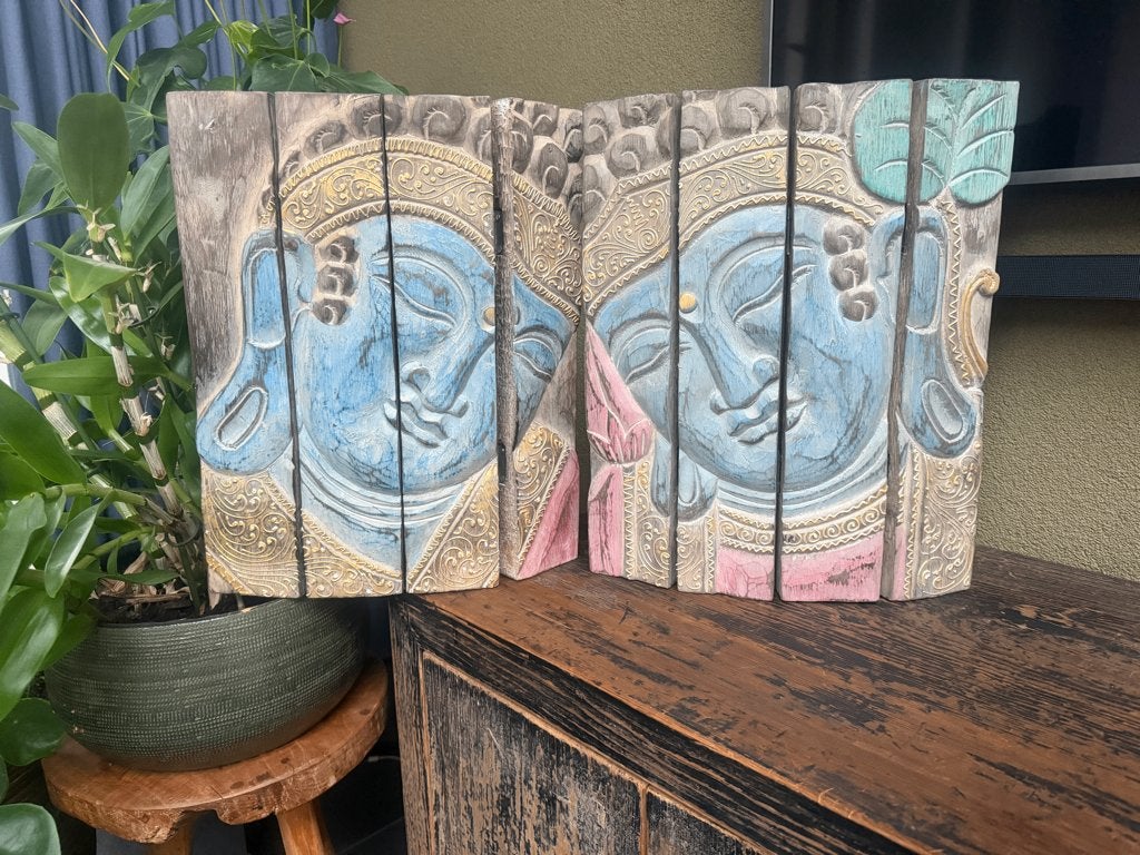 Boeddha 4 luik wandpaneel handwerk Bali Indonesie, Verburgt Vintage, Boho, Hout, Meerkleurig