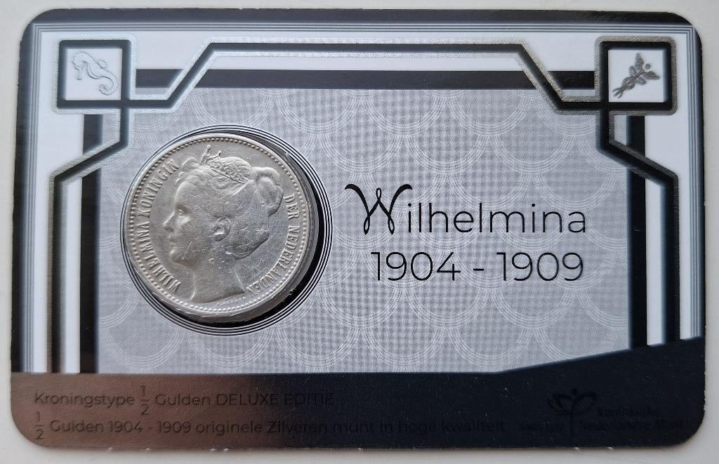 Zilveren ½ Gulden Wilhelmina in coincard 1909, Postzegels en Munten, Munten | Nederland, Verzenden, Koningin Wilhelmina, 1 gulden