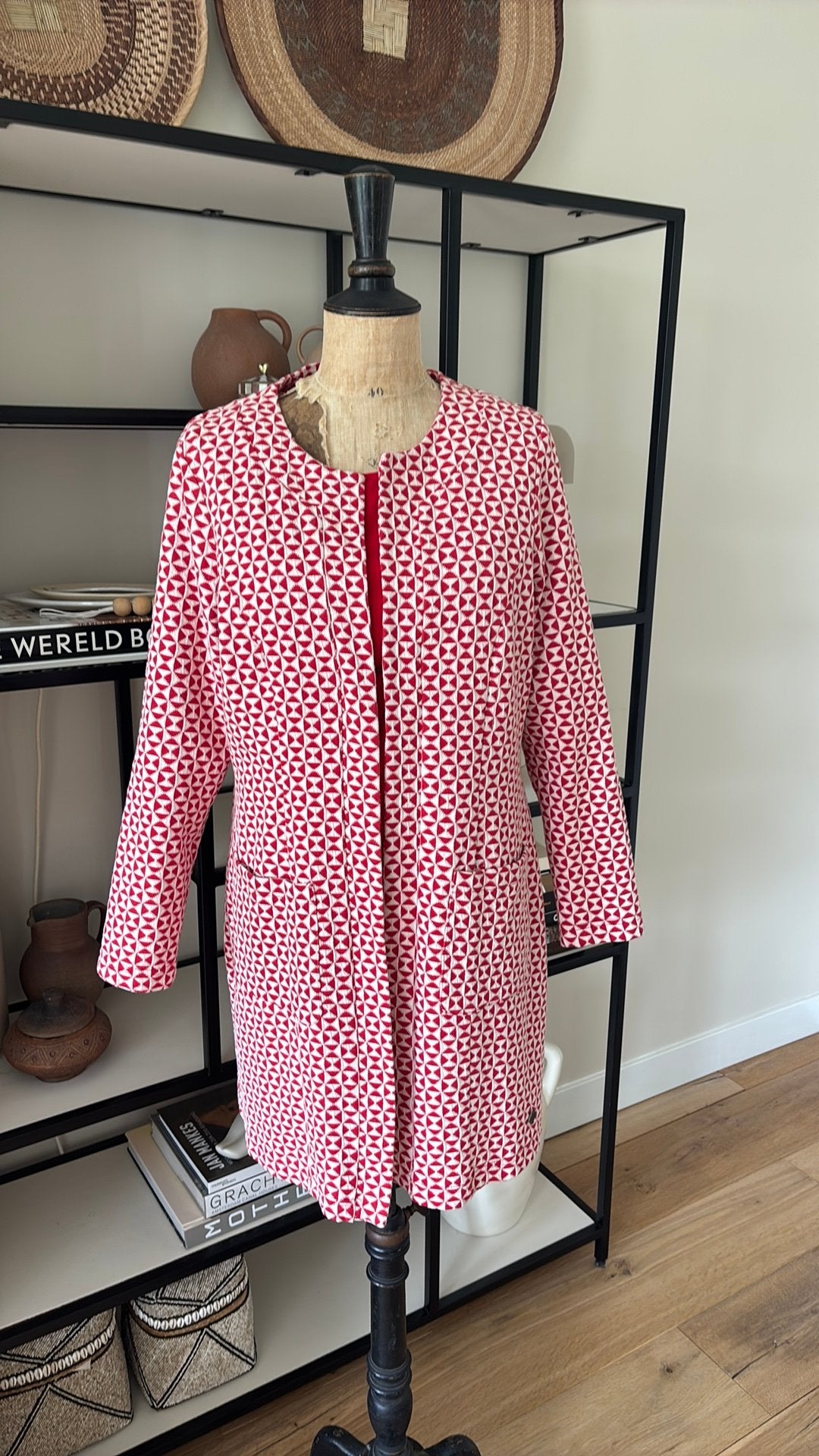 &CO WOMAN stretch blazer lang apart warm rood met wolwit, Verzenden, Nieuw, Maat 46/48 (XL) of groter, Rood