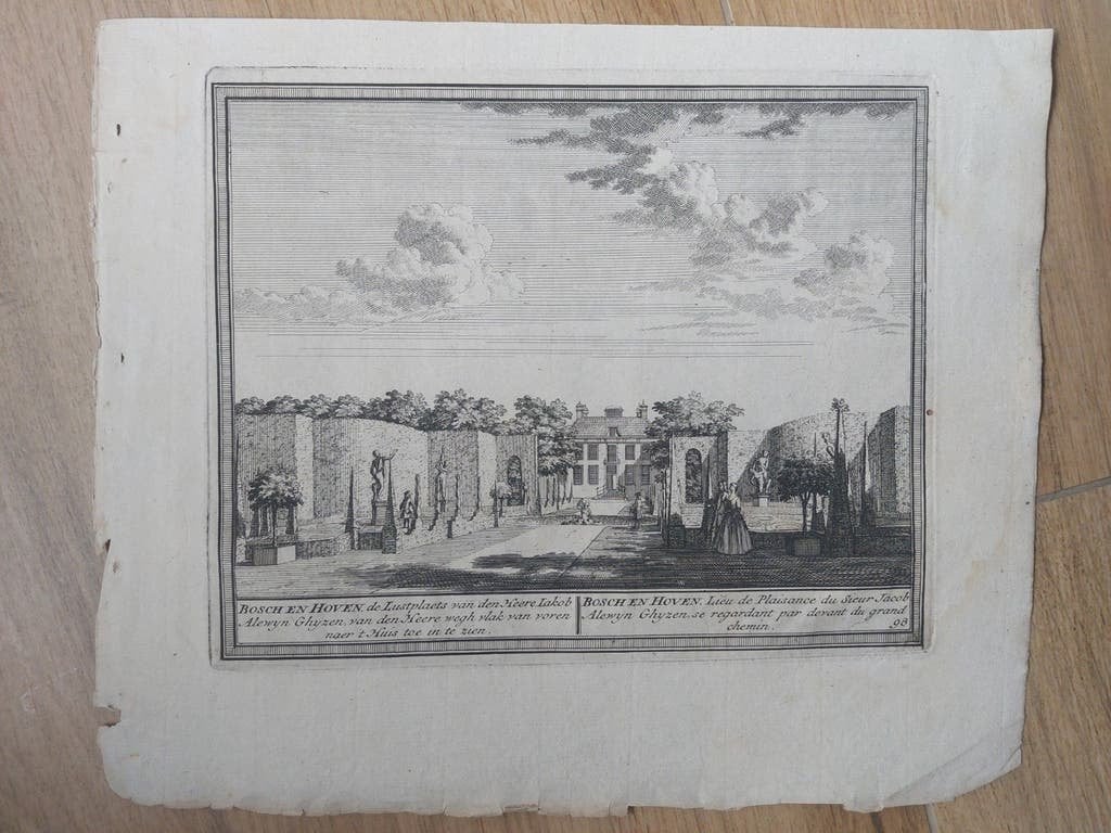 98 Bosch en Hoven Herenweg te Heemstede Gravure uit 1732, Stadsgezicht, 17 cm, Blanco verso, Ophalen of Verzenden