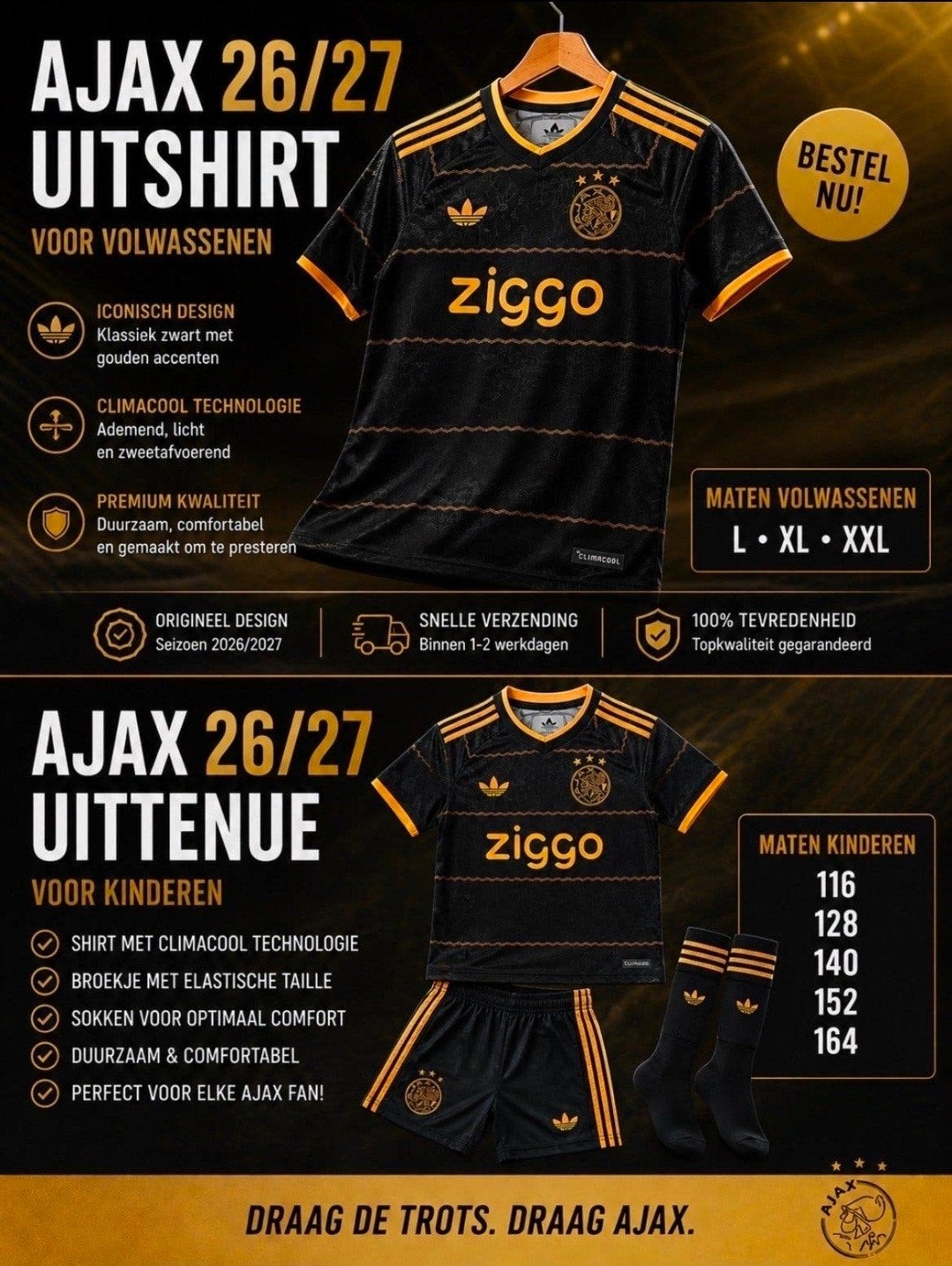 Ajax uitshirt 2026-2027 - Iconisch Zwart/Goud Design, Maat 52/54 (L), Zwart, Nieuw, Ophalen of Verzenden