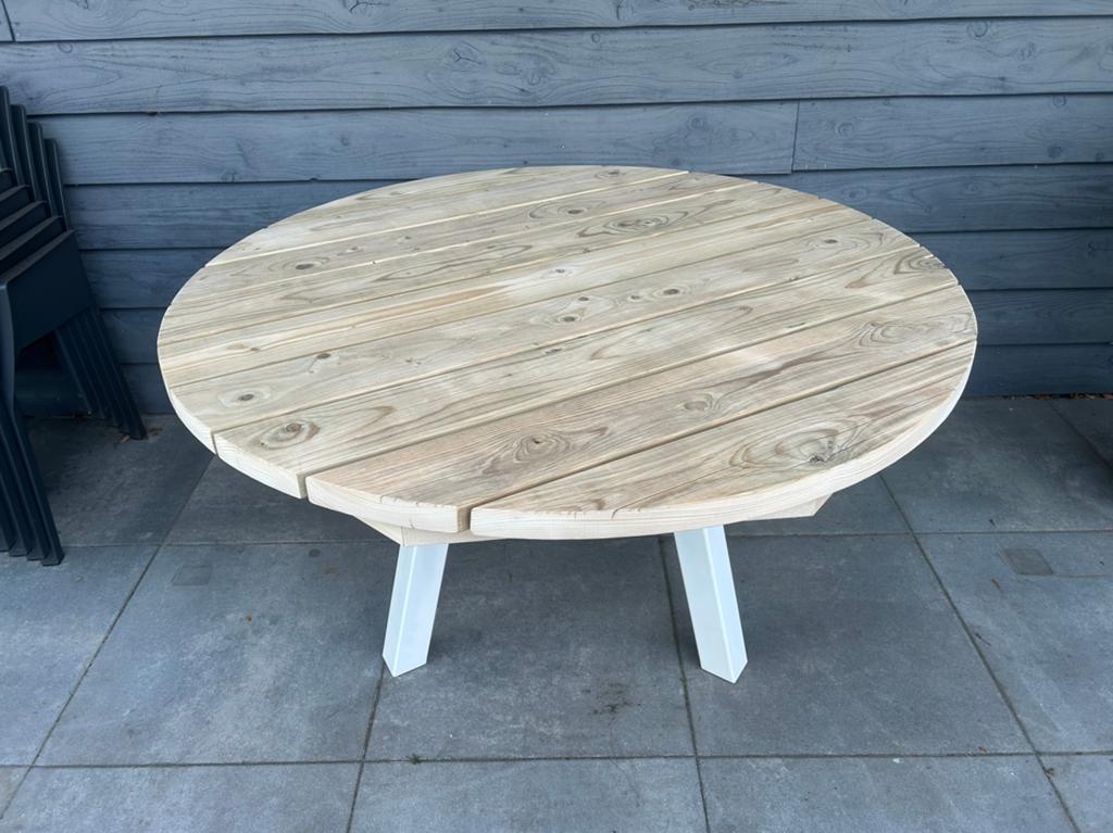 Ronde houten tuintafel witte stalen poten / eettafel NIEUW, Ophalen, Nieuw, Rond, Hout