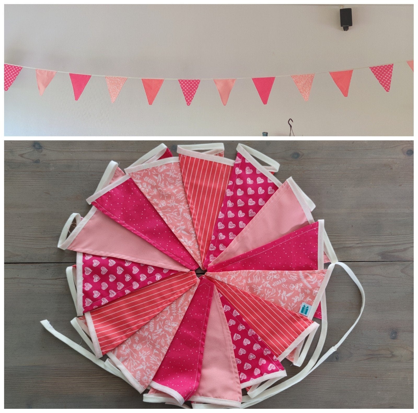 Handgemaakte stoffen Vlaggenlijn Roze - 4,5m, 5 Designs, Ophalen of Verzenden, Nieuw, Versiering, Verjaardag
