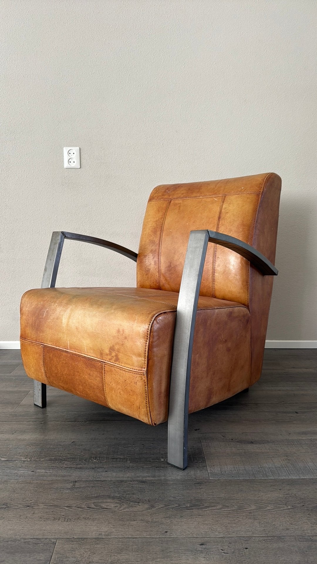 Fauteuil cognac leer, Ophalen, Gebruikt, 50 tot 75 cm, Leer
