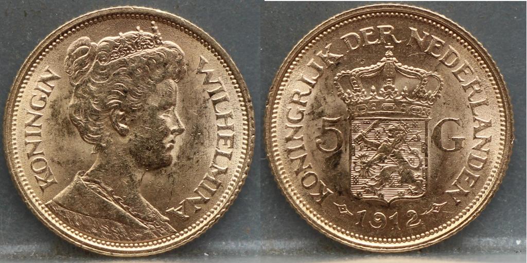 5 gulden 1912 - gouden vijfje 1912 Wilhelmina, Verzenden, 5 gulden, Goud, Koningin Wilhelmina
