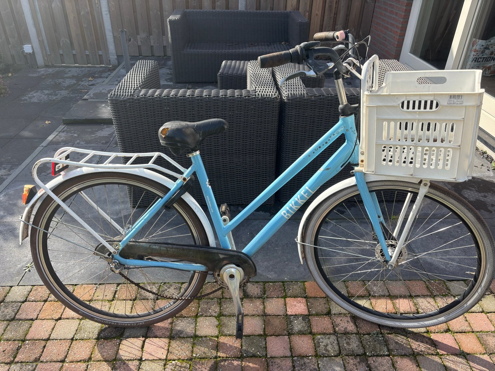 Opknapper Bikkel damesfiets met voordrager en mand, Terugtraprem, Versnellingen, Ophalen, Overige merken