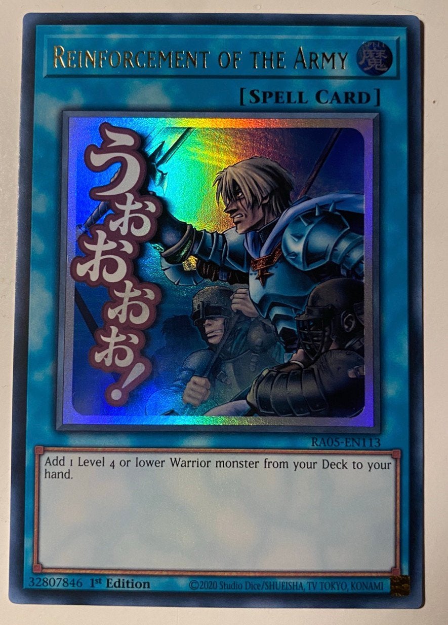 Yu-Gi-Oh! Stamped Reinforcement of the Army RA05 1st !, Ophalen of Verzenden, Zo goed als nieuw, Losse kaart, Foil