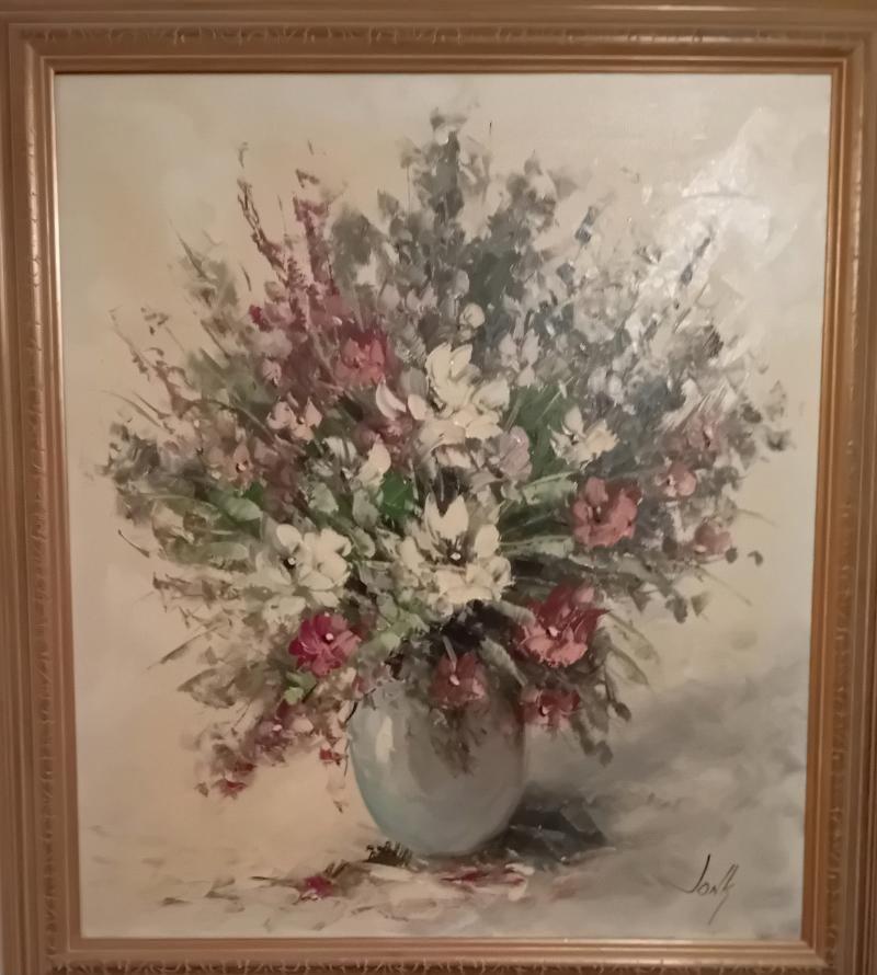 Groot olieverf schilderij bloemen-stilleven schilder Jonk, Ophalen