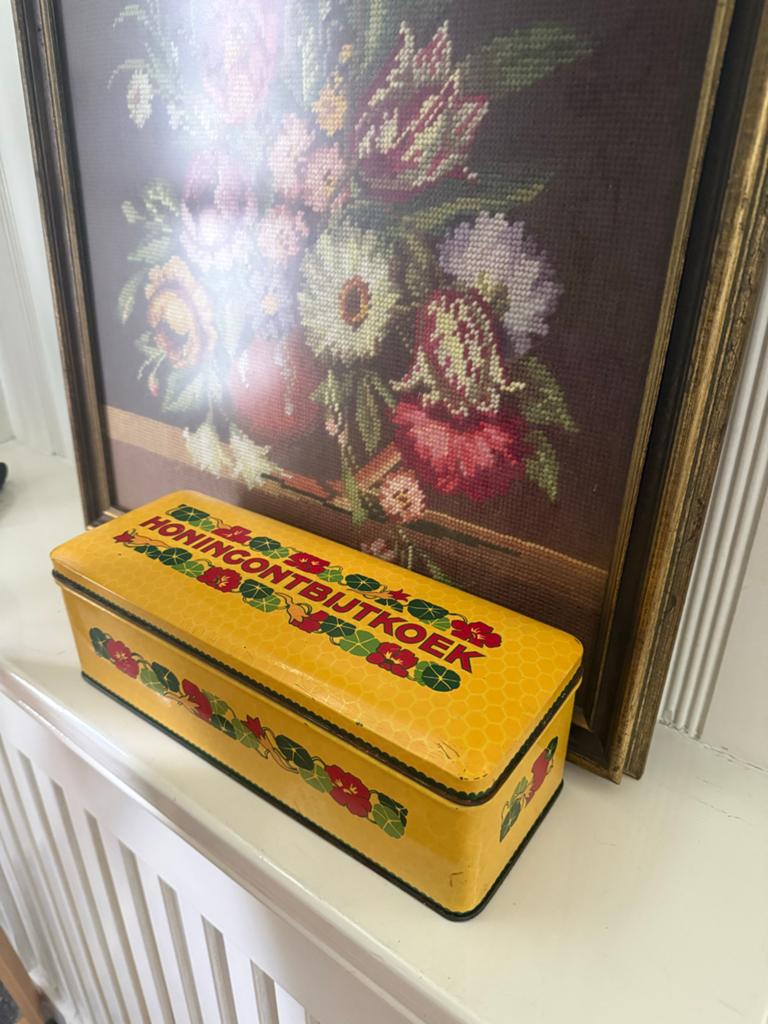 Vintage Verkade Honingontbijtkoek Blik - Geel met Bloemen, Antiek en Kunst, Ophalen of Verzenden