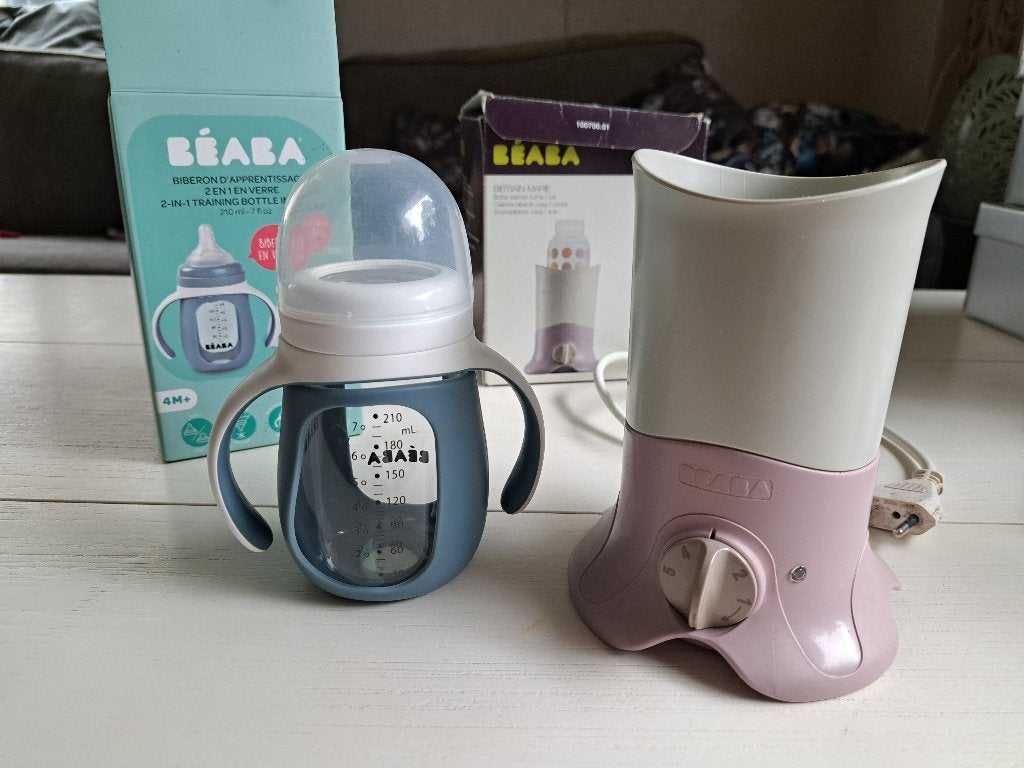 Beaba 2-in-1 glazen meegroeifles + flessenwarmer, Ophalen of Verzenden, Gebruikt, Babyfles
