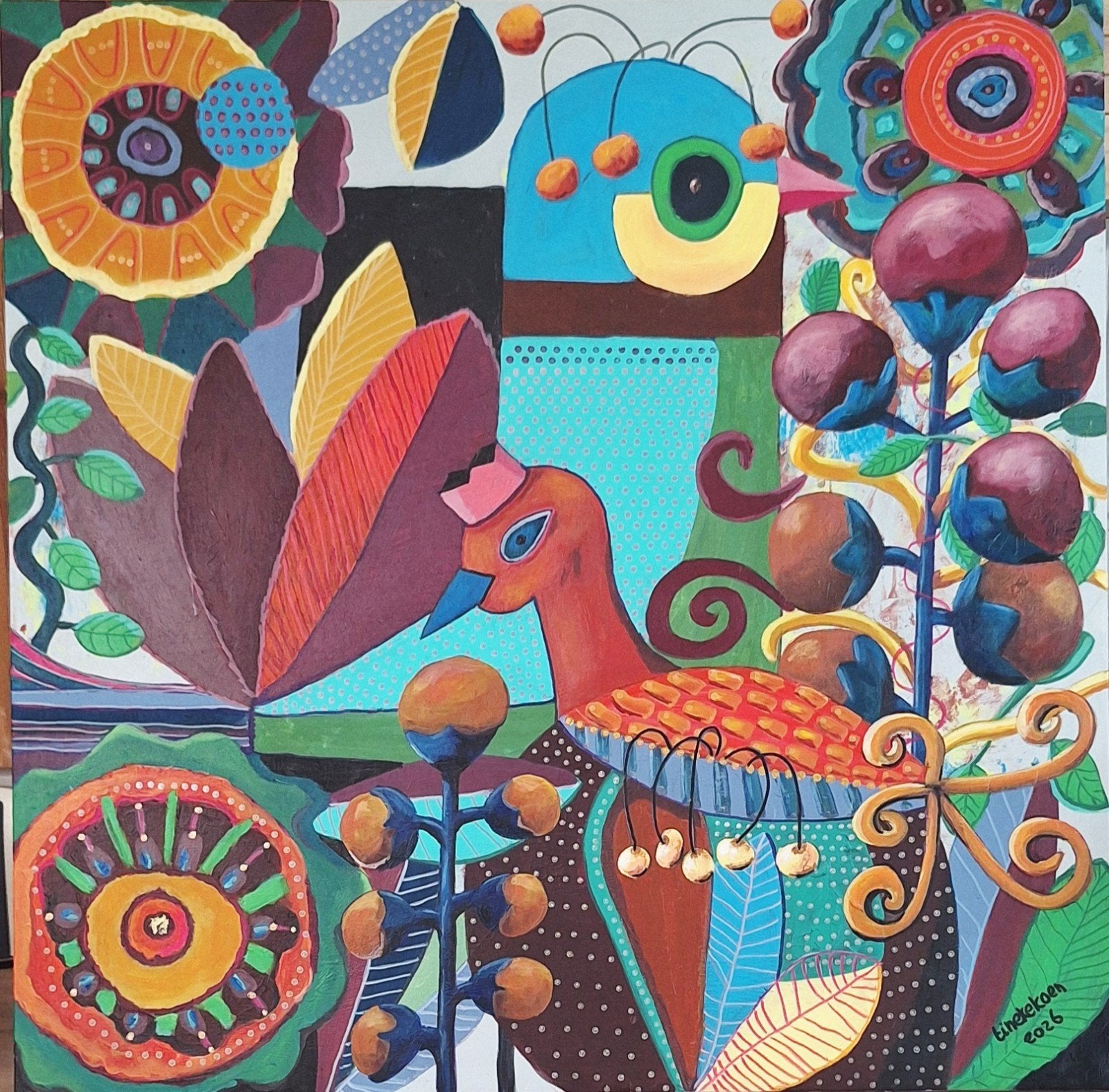Kleurrijk abstract schilderij met vogel en bloemen, Ophalen, Abstract, Acrylverf, Gesigneerd