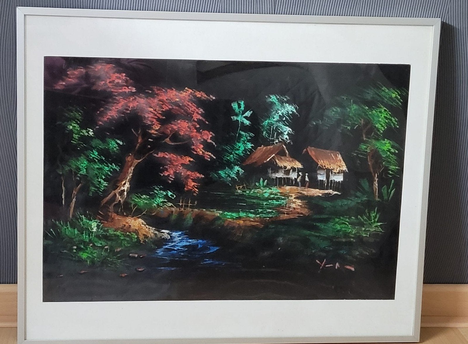Set van 3 Balinese schilderijen, fluweel, ingelijst, Antiek en Kunst, Kunst | Schilderijen | Klassiek, Ophalen