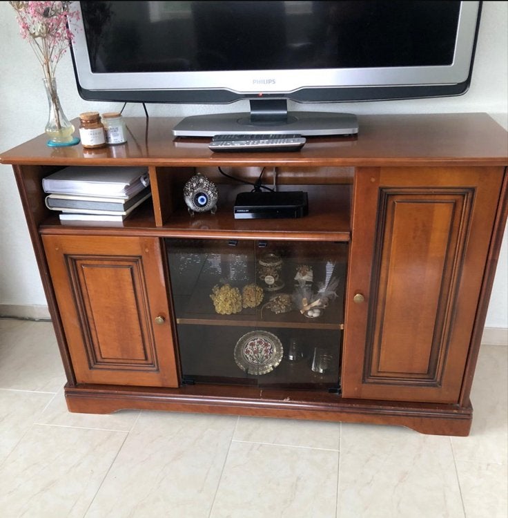 Houten TV-meubel met opbergruimte en glazen deuren, Ophalen, Gebruikt, 100 tot 150 cm, Minder dan 100 cm