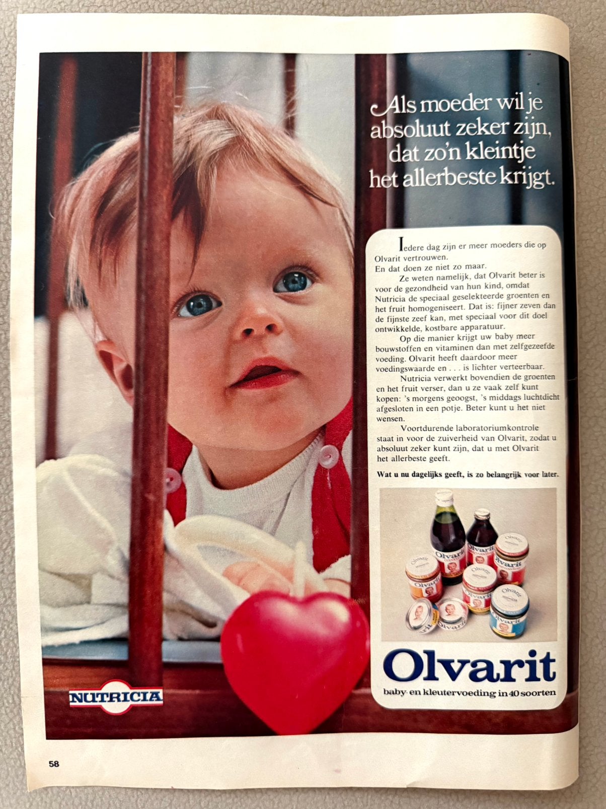 Vintage baby reclame advertentie Olvarit Nutricia 1972, Ophalen of Verzenden, 1960 tot 1980, Nederland, Knipsel(s)