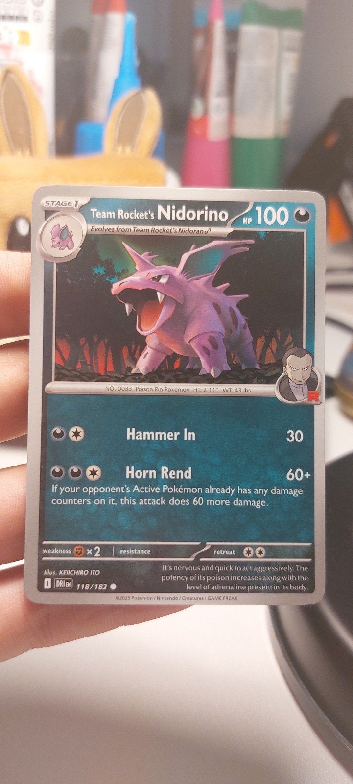 Team Rocket's Nidorino Pokémon Kaart - Zeldzaam!, Ophalen of Verzenden, Zo goed als nieuw, Losse kaart