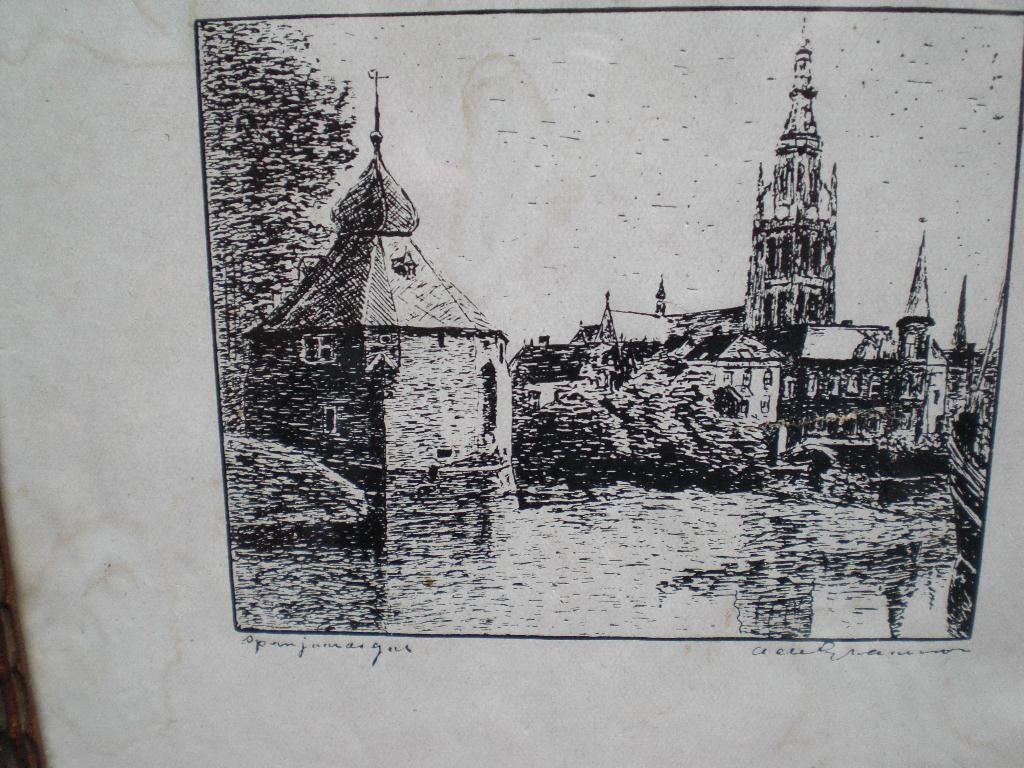 Ingelijste prent van het Spanjaarsgat en Grote kerk Breda, Antiek en Kunst, Ingelijst, Stadsgezicht, 17 cm, Ophalen of Verzenden