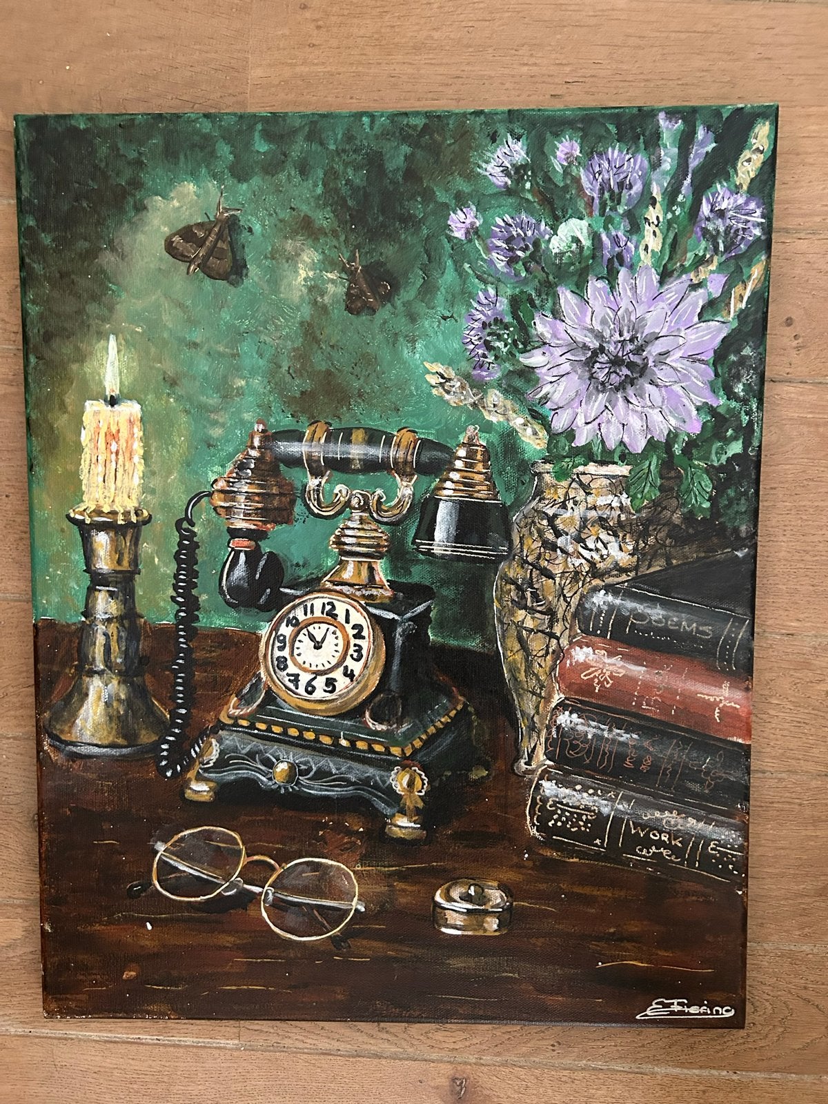 Vintage Stilleven met Telefoon en Boeken - Acrylverf, Acrylverf, Doek, Stilleven, Ophalen of Verzenden