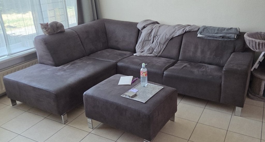 Hoekbank en poef microleder espresso - ideaal voor studenten, Huis en Inrichting, Ophalen, Gebruikt, Metaal, Modern
