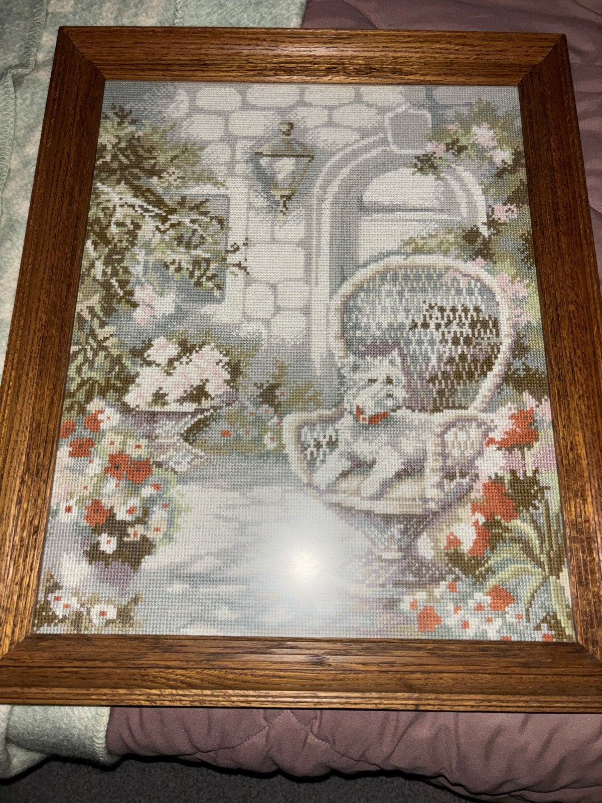 Geborduurd schilderij - Tuin met bloemen, Ophalen, 50 – 75, Gebruikt, Schilderij