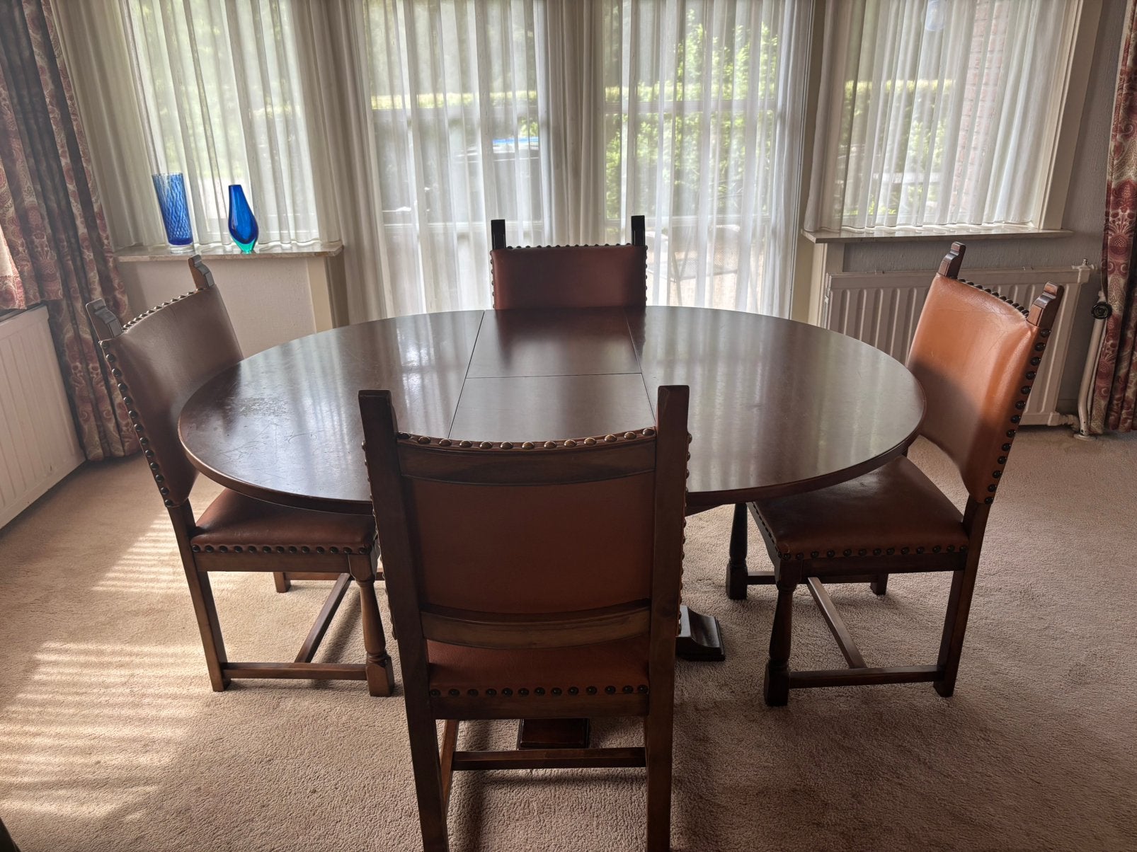 Eettafel met 5 leder beklede stoelen *GRATIS*, Ophalen, Gebruikt, 4 tot 6 stoelen