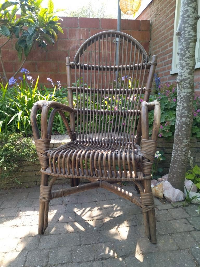 Vintage 70's Boho Manou grote rotan fauteuil / rotan stoel, Ophalen, Gebruikt, Minder dan 75 cm, Riet of Rotan