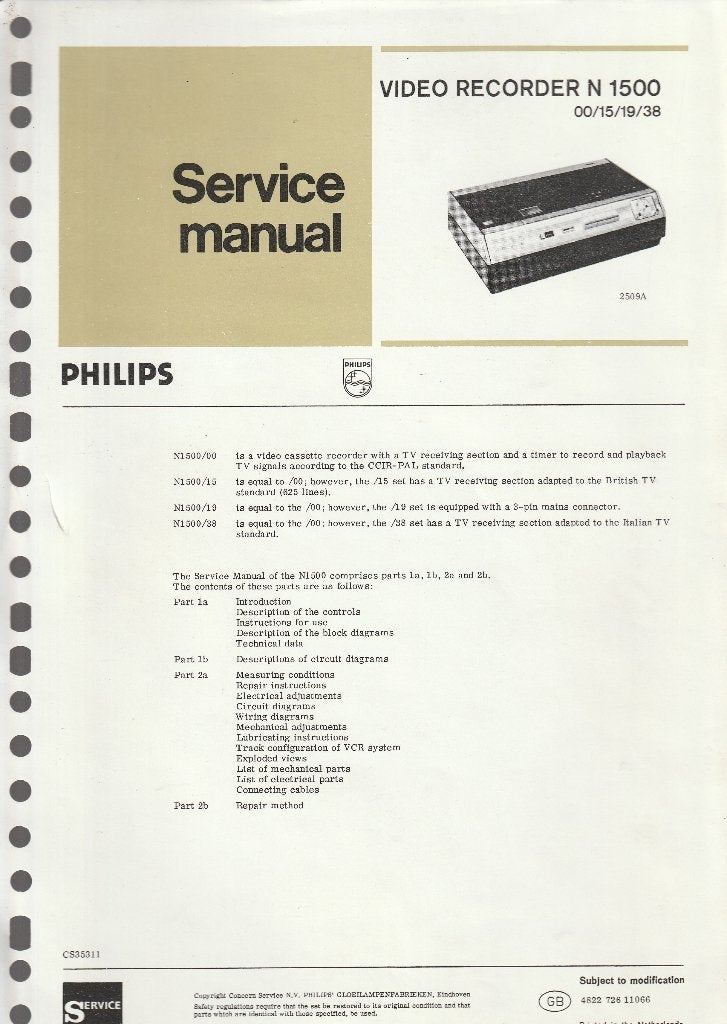 Service Manuals Philips Videorecorders N1500, N1700, Ophalen, Gebruikt