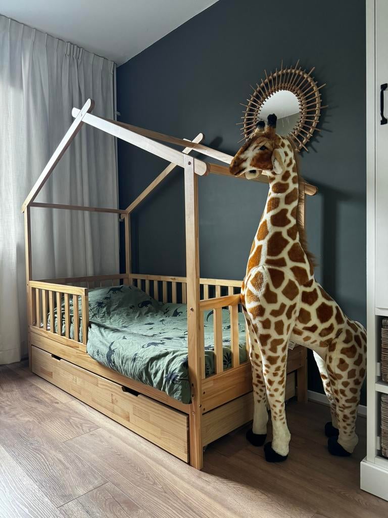 BEDHUISJE / JUNIORBED «MAISON» | 160 X 80 CM | NATUREL, Ophalen, 140 tot 160 cm, 70 tot 85 cm, Lattenbodem