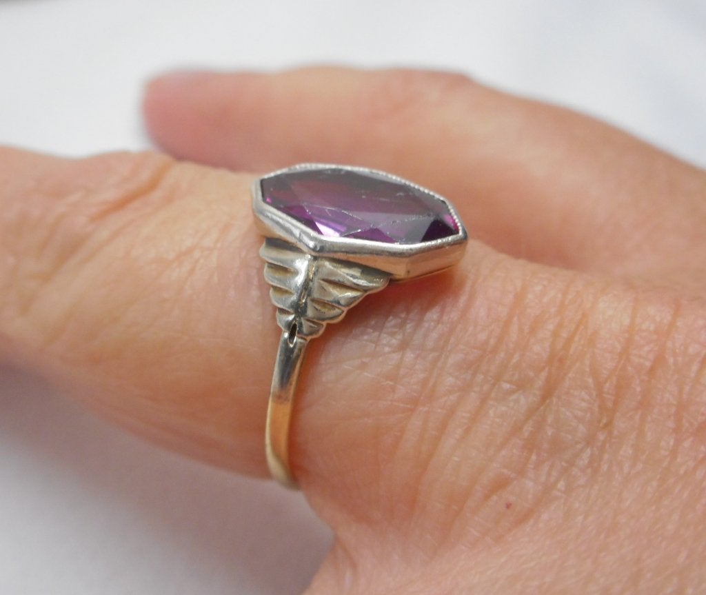 14 karaat gouden Art Deco ring met robijn bicolor nr.340, Verzenden, Goud, Ring, Met edelsteen