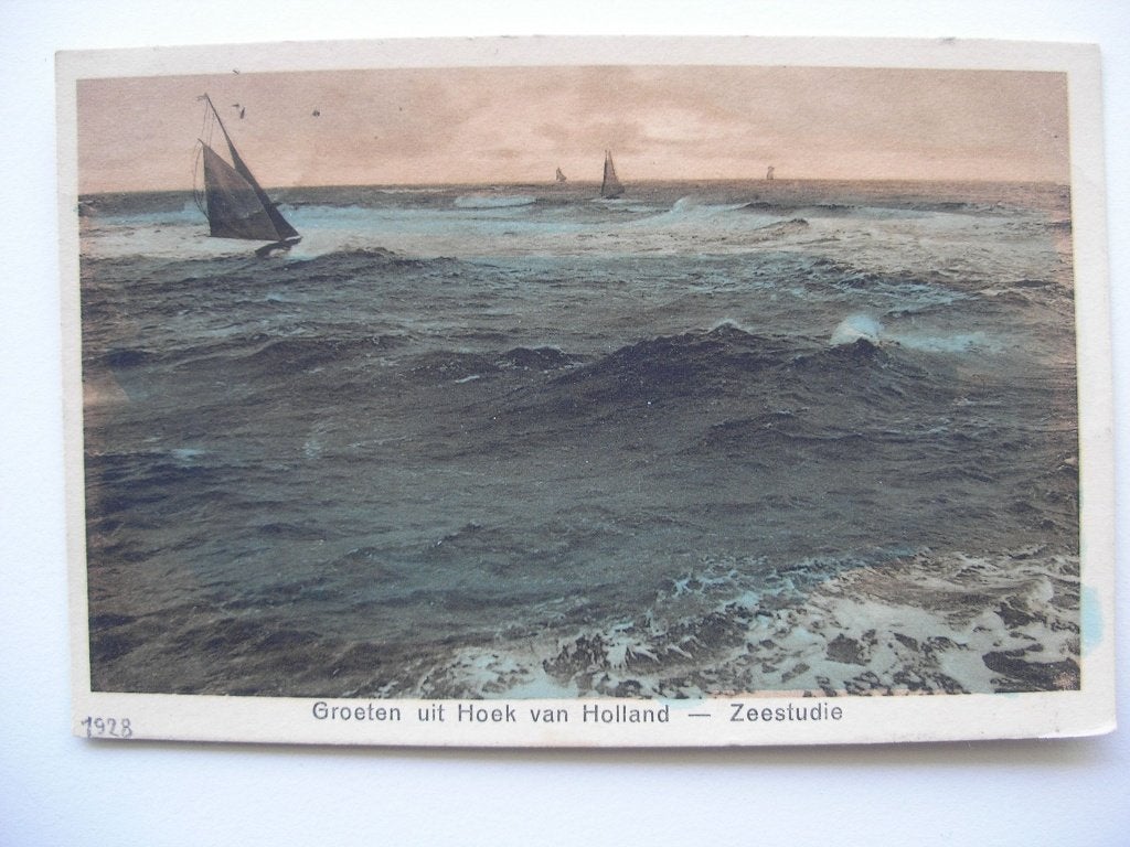 Ansicht Hoek van Holland - Zeestudie 1928 in kleur, Ophalen of Verzenden, 1920 tot 1940, Gelopen, Zuid-Holland