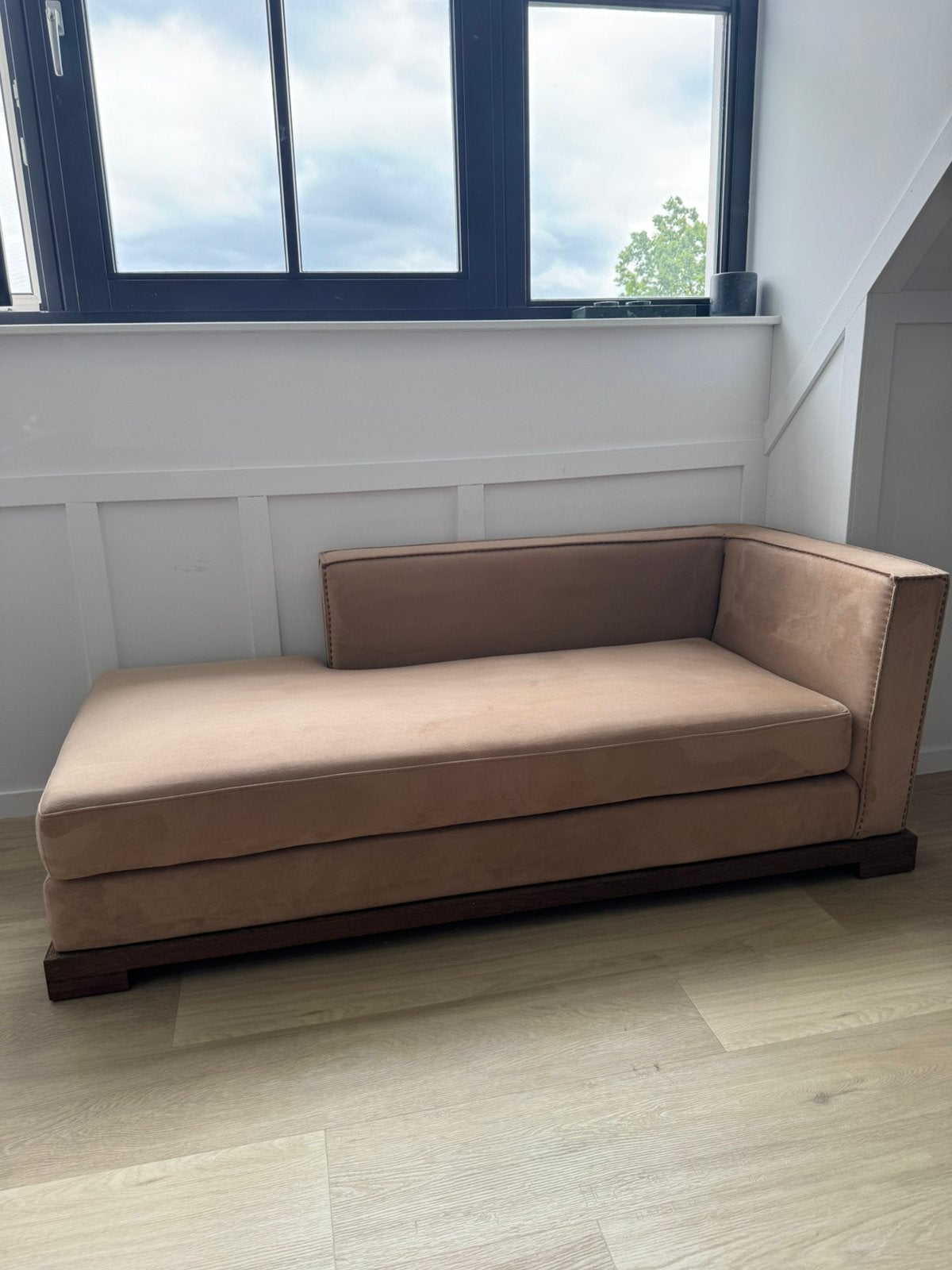 Chaise longues bank velours lichtbruin van Van Roon Living, Ophalen, Gebruikt, 150 tot 200 cm, Driepersoons