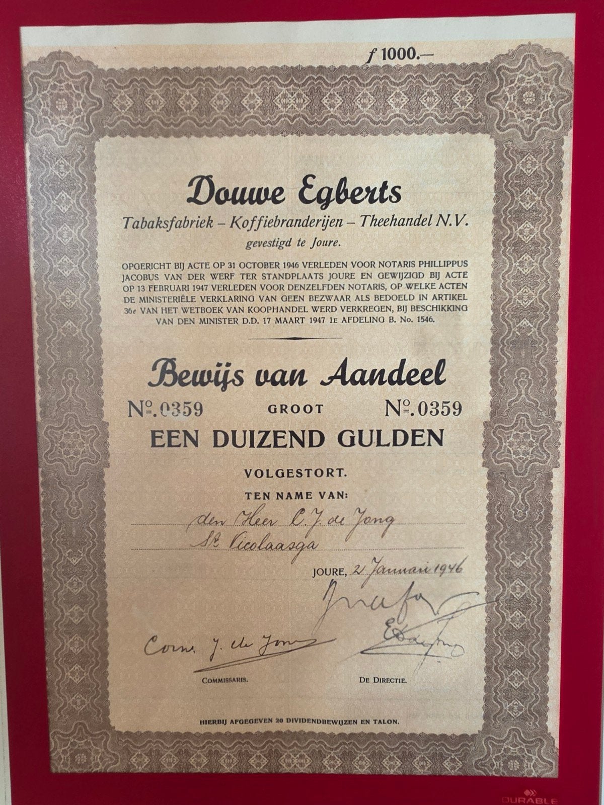 Zeldzaam Douwe Egberts Aandeel - 1000 Gulden (1946), Postzegels en Munten, Aandelen en Waardepapieren, Ophalen of Verzenden