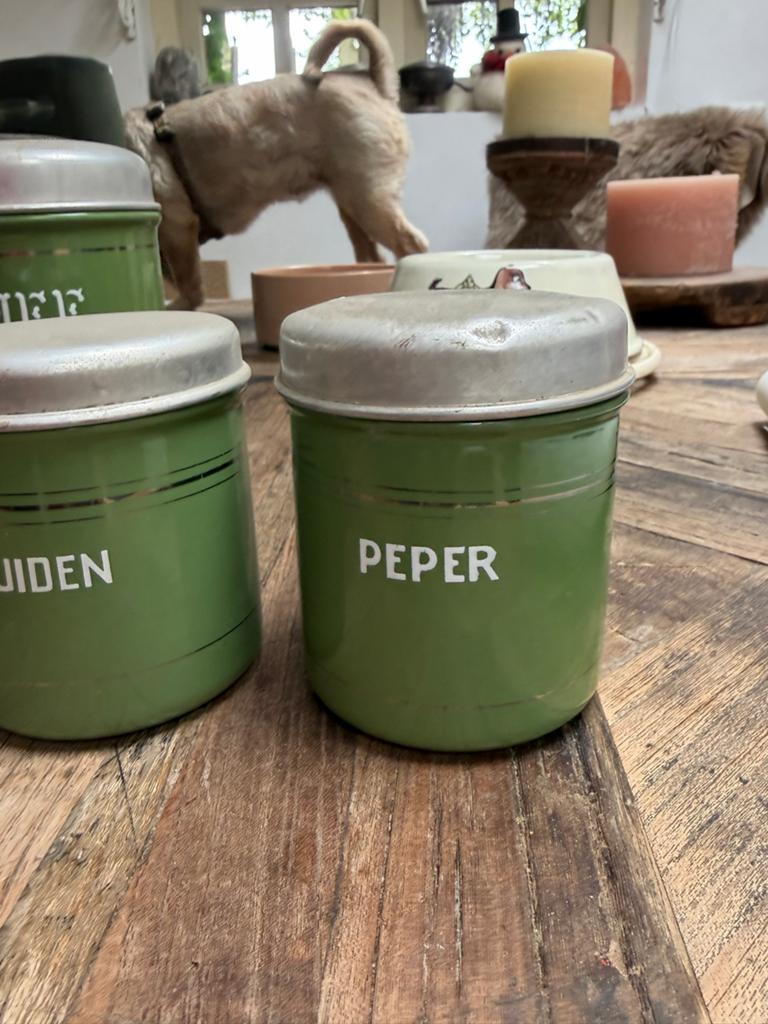 Set van 3 vintage groene emaille voorraadblikken, Ophalen of Verzenden