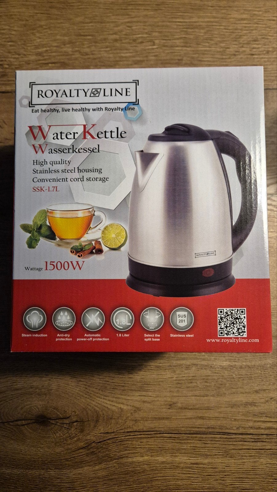 Royalty Line Waterkoker RVS 1.7L - 1500W, 1 tot 2 liter, Ophalen, Nieuw, Rvs