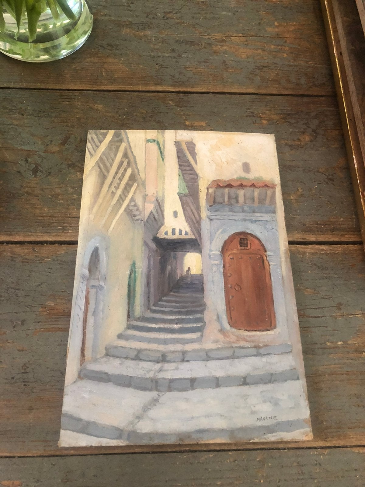 KUNST SCHILDERIJ OLIE OP HOUT KLEIN MODEL STAD, Ophalen of Verzenden, Stads- / dorpsgezicht