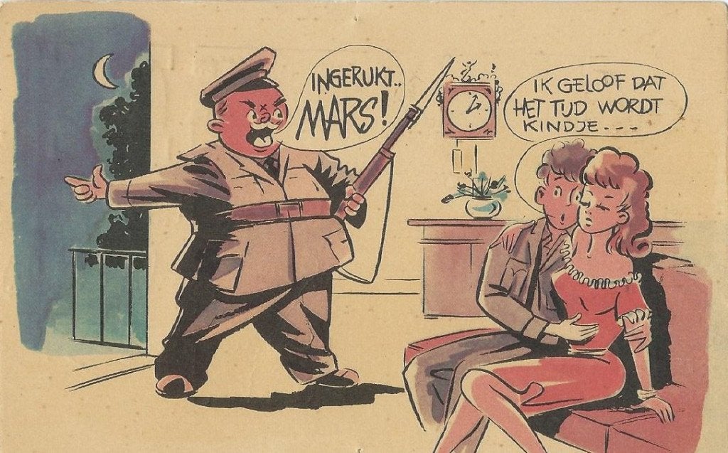 Vintage Humoristische Prentbriefkaart - Soldaat en Stel, Ophalen of Verzenden, 1940 tot 1960, Ongelopen, Overige thema's