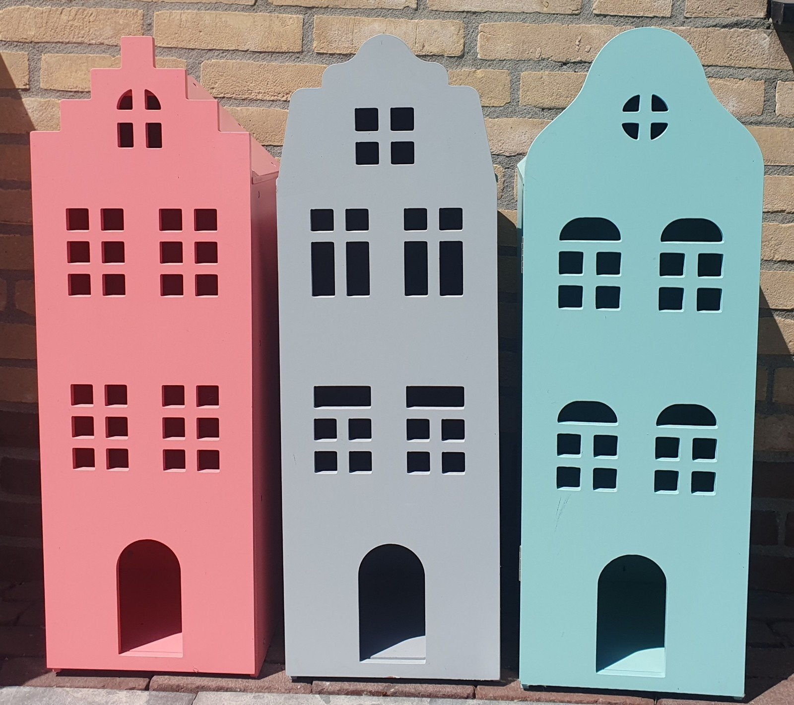 3 Poppenhuizen - Grachtenpandjes Roze, Grijs, Mintgroen, Ophalen, Zo goed als nieuw, Poppenhuis