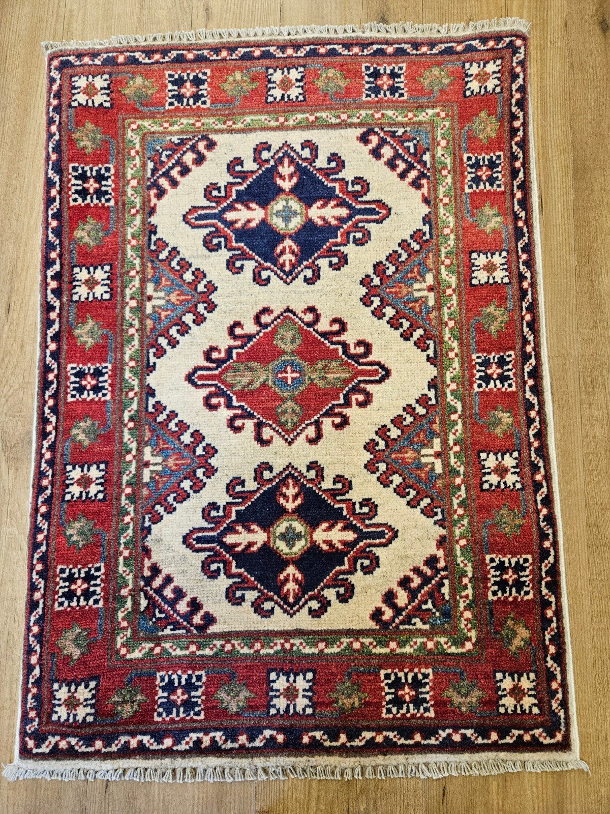 Handgeknoopt oosters tapijt kazak 90x63, Info@SlatsAntiek.nl, 50 tot 100 cm, Perzisch, Vof Slats Antiek