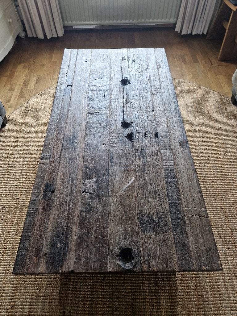 industriële landelijke salontafel op stalen onderframe., Ophalen, 100 tot 150 cm, 50 tot 100 cm, Zo goed als nieuw