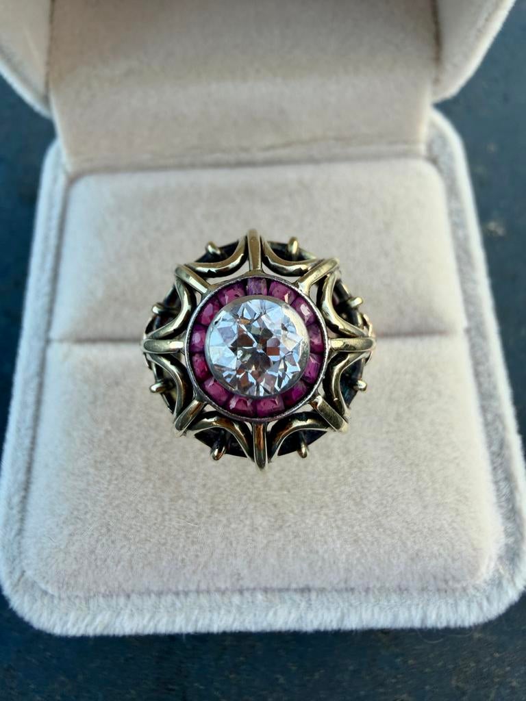 14k Gouden Ring met 1.24ct Diamant en 0.36ct Robijn, Sieraden, Tassen en Uiterlijk, Ringen, Gebruikt, Ophalen of Verzenden, 17 tot 18