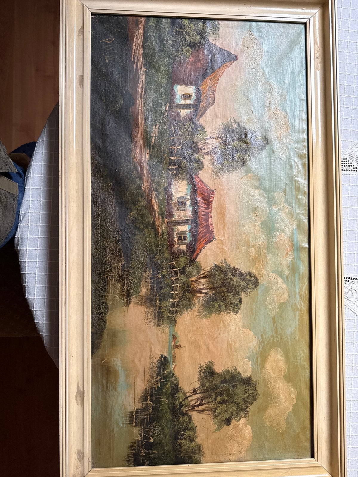 Klassiek Landschapsschilderij met Huizen en Water, Ophalen, Doek, Gesigneerd, Landschap