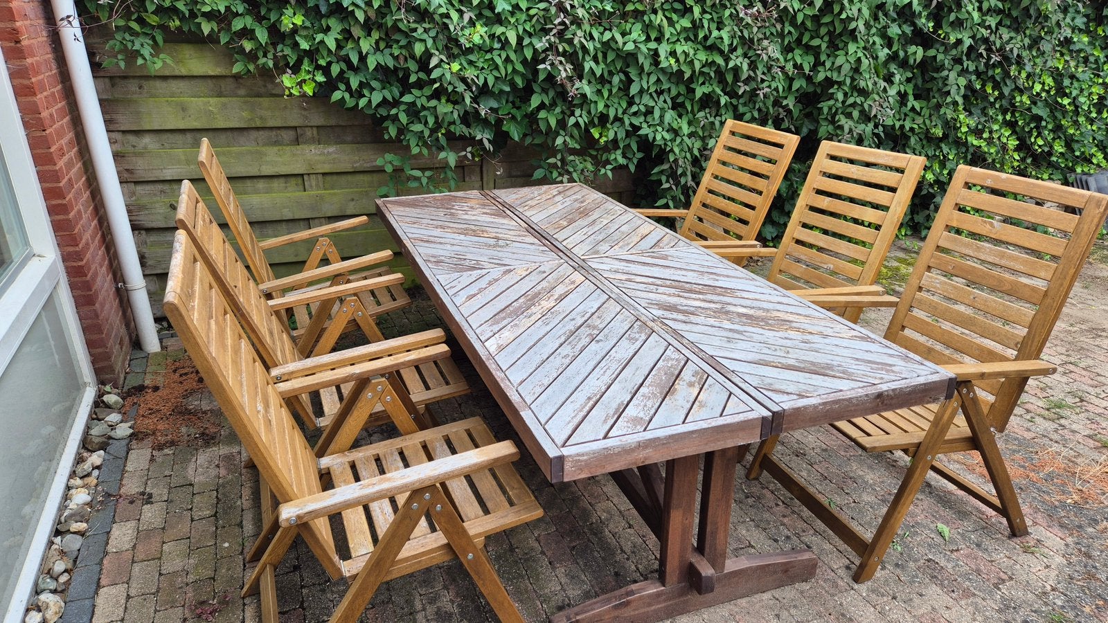 6-Personen Tuinset | Ikea NORRMANSÖ Tafel & NÄMMARÖ Stoelen, Tuin en Terras, Tuinstoelen, Gebruikt, Hout, Inklapbaar, Ophalen