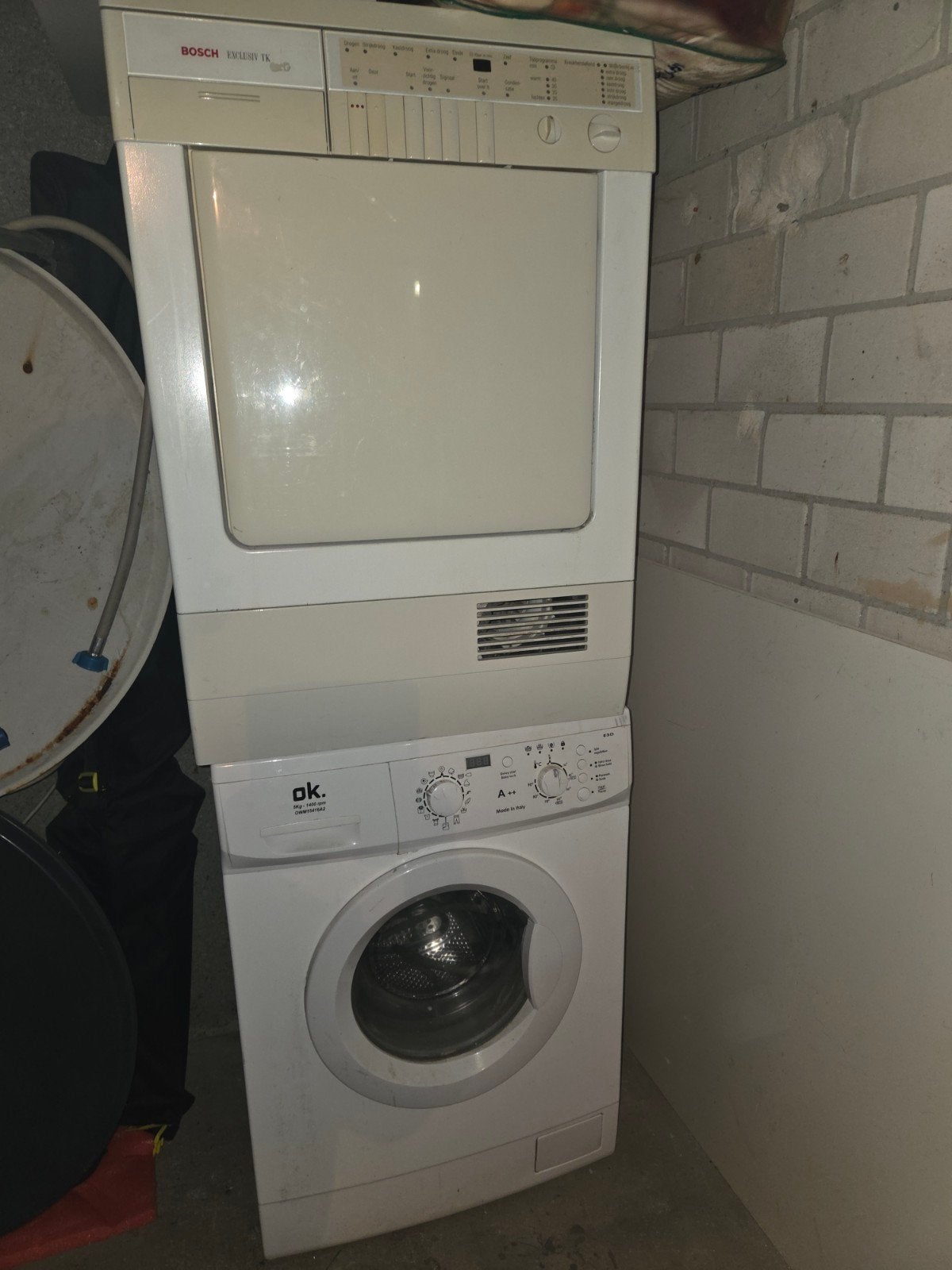 Wasmachine en wasdroger set - Bosch en OK, 6 tot 8 kg, Ophalen, Gebruikt, 85 tot 90 cm