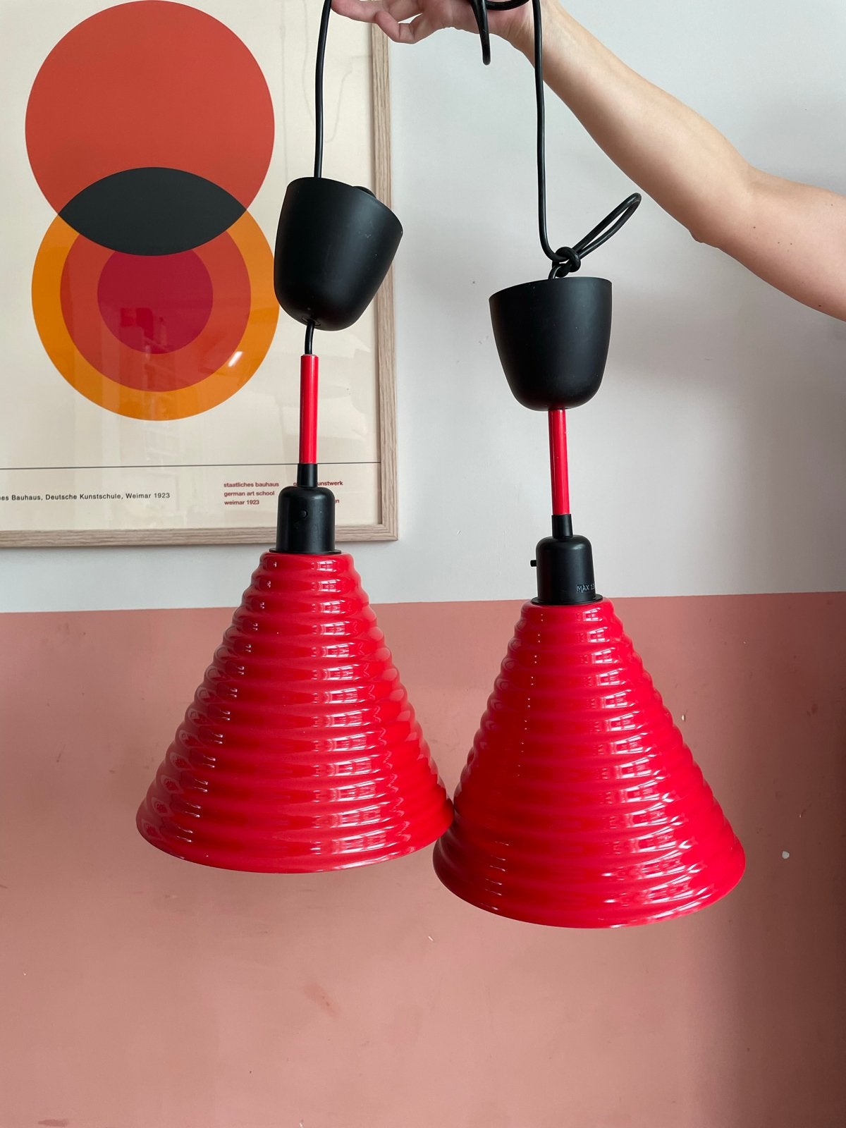 Set van 2 vintage IKEA Färgstark hanglampen rood, Ophalen of Verzenden, Gebruikt, Metaal, E14 (klein)
