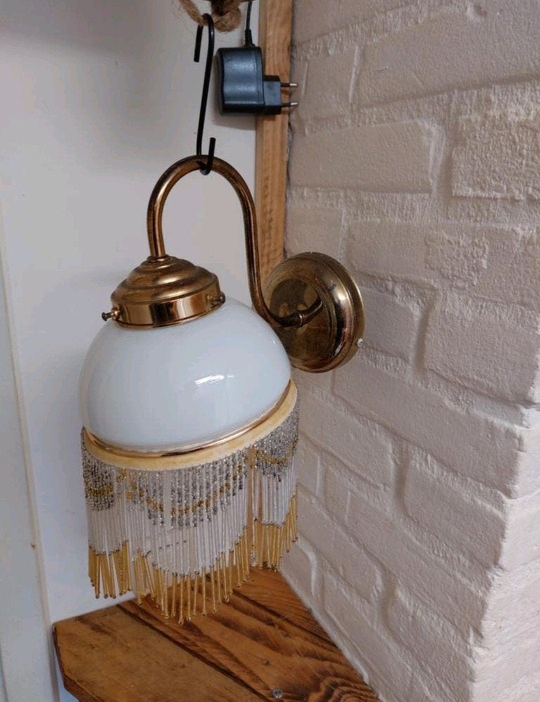Vintage retro Boudoir Wandlamp met Kralenfranje, Huis en Inrichting, Ophalen of Verzenden, Gebruikt, Glas