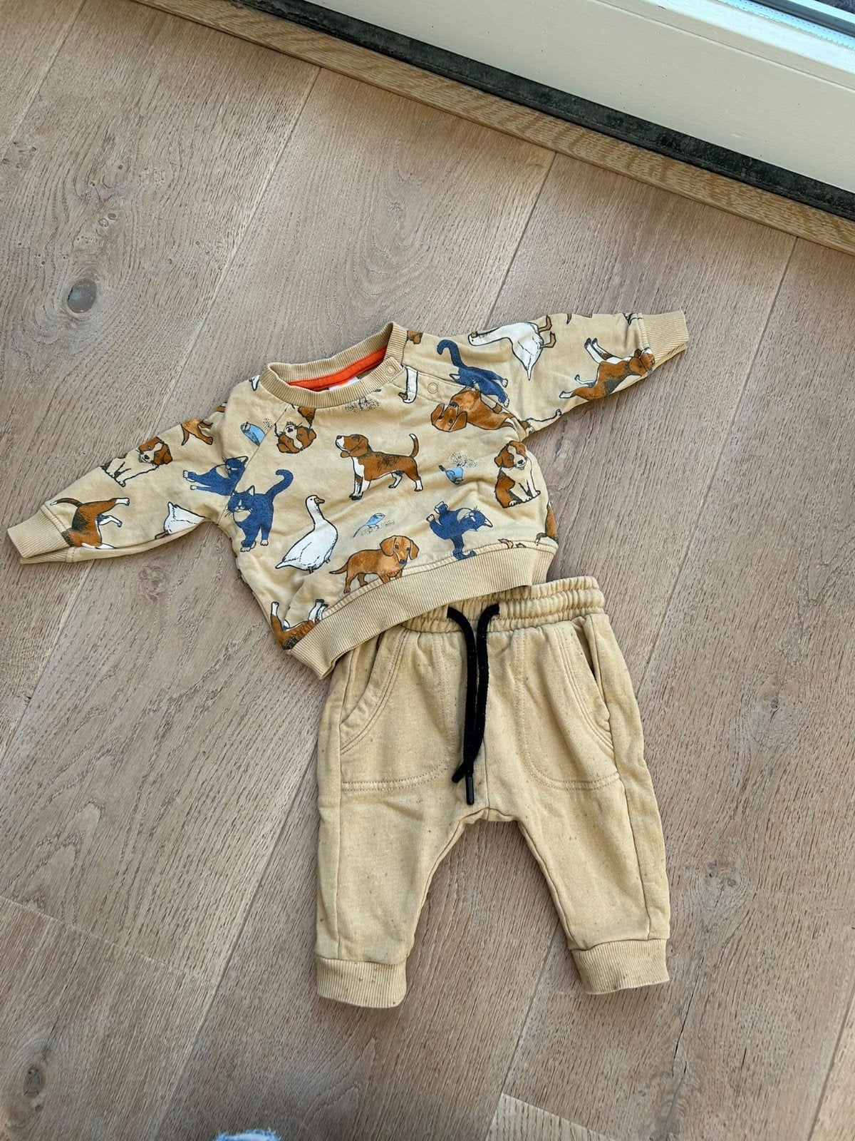 HEMA Babysetje Jongen Maat 62 | Beige Dieren Trui + Broek, Gebruikt, Truitje of Vestje, Ophalen of Verzenden, Hema