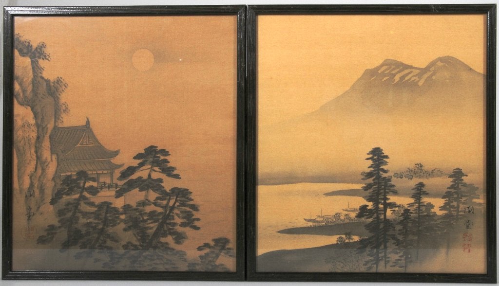 Japan KODO tweeluik op zijde geschilderd. 19e eeuw., Antiek en Kunst, Schilderij, Bruin, Handgemaakt, 29 cm