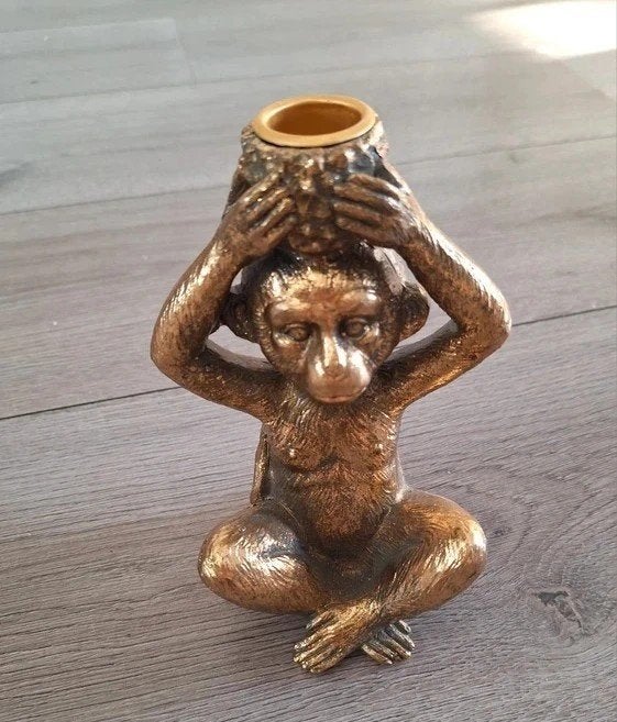 Gouden aap kaarshouder beeld 16 cm, Ophalen of Verzenden, Zo goed als nieuw, Metaal, Kandelaar