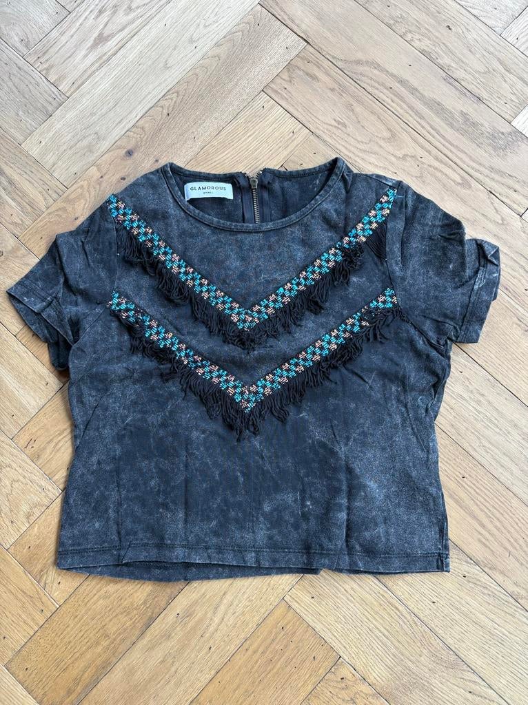 Glamorous crop top met franjes en borduursel, maat S, Ophalen of Verzenden, Zo goed als nieuw, Korte mouw, Maat 36 (S)