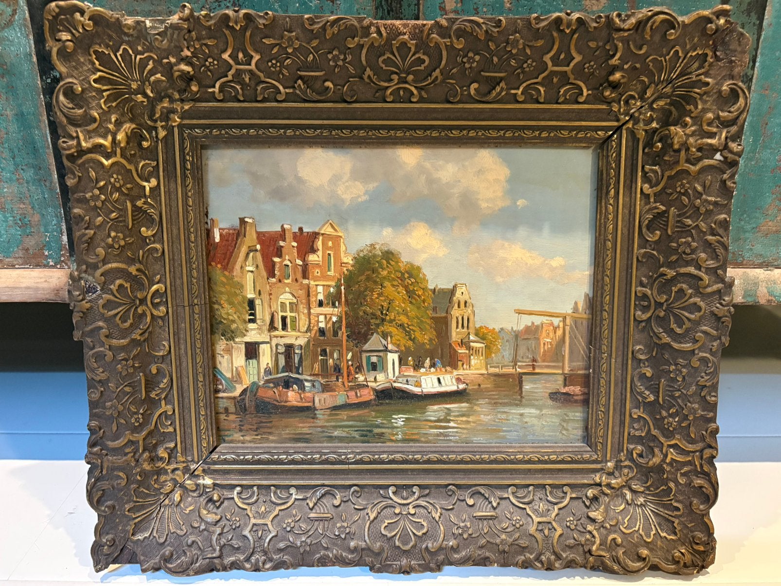 Olieverfschilderij Grachtgezicht met boten en brug, Ophalen of Verzenden