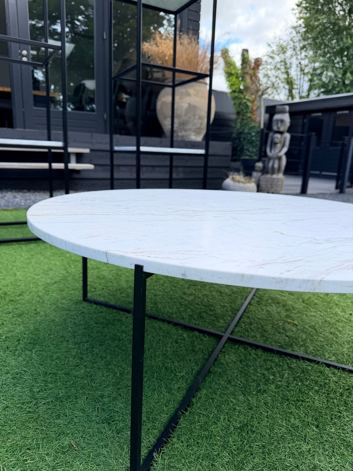 Layer by adje - Salontafel en 2 hoge kasten met marmerlook, Ophalen, Metaal of Aluminium, Rond, Zo goed als nieuw